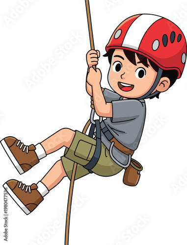 Cartoon Style Child Climbing a Rope with Red Helmet and Adventure Gear for Kids Outdoor Activities, Sports, and Climbing Illustrations