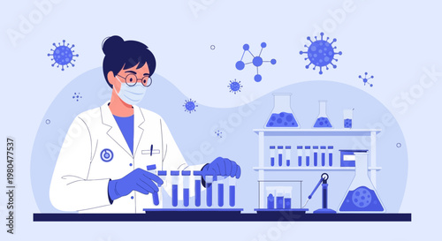Scientist in Lab Coat Working with Test Tubes and Virus Molecules