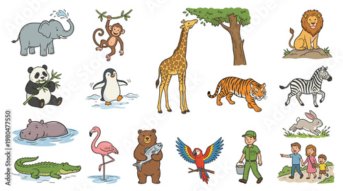 Colorful cartoon animal set featuring wild mammals birds reptiles and children characters in playful vector illustration isolated on white background