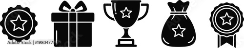Reward and achievement icon set with trophy gift badge medal and prize symbols for loyalty programs and success recognition systems