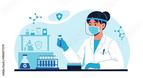 Scientist in protective gear holding vial in laboratory, research, medical, science concept