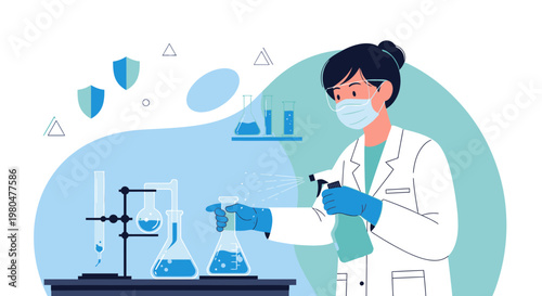 Scientist in protective gear disinfecting lab equipment with spray bottle, science research concept