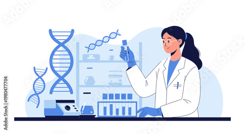 Scientist working in laboratory with DNA helix and equipment