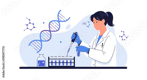 Scientist working in laboratory with DNA helix, test tubes and molecules