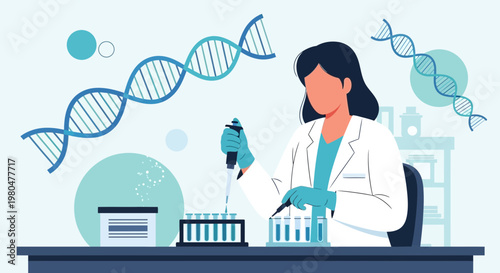 Scientist working in laboratory with DNA helix, conducting research and experiments