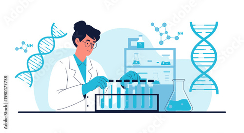 Scientist Working in Laboratory with DNA, Molecules and Test Tubes