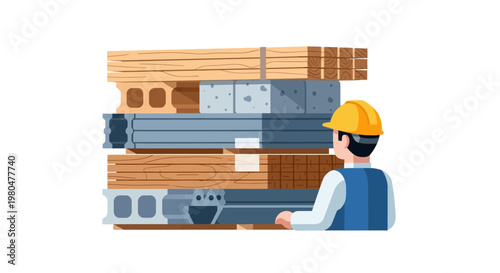 Construction Worker with Stacked Building Materials Including Lumber, Concrete Blocks, and Metal Beams Flat Vector Illustration