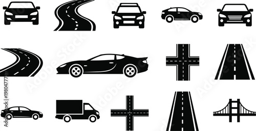 Road and vehicle icon set featuring car highway intersection bridge transport symbols for navigation and traffic design projects