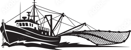 Fishing boat, fishing vessel, trawler, black silhouette, nautical icon, vector illustration