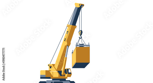 Industrial Mobile Crane Lifting Red Shipping Container for Global Logistics and Transportation, Isolated on White