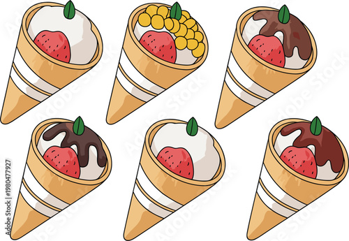 Ice cream cones collection, sweet dessert flavors with strawberry and chocolate vector illustration for menu, cafe design