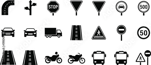 Road traffic and transportation silhouette icon set with cars signs highway bus motorcycle symbols for urban navigation design