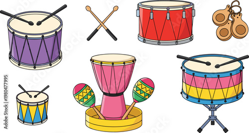 Set of Colorful Drum and Percussion Instrument Vector Illustrations Including Drums, Drumsticks, and Maracas for Music and Celebration Designs