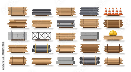 Set of Construction Materials and Building Supplies Icons Featuring Wood Planks, Metal Beams, Pipes, and Concrete Blocks for Industrial and Architectural Design