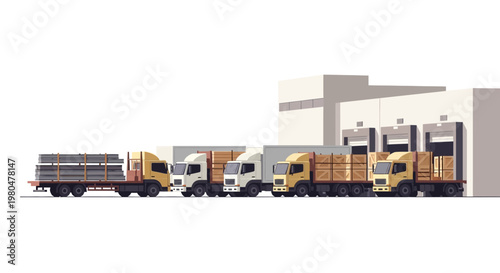 Industrial Logistics and Shipping Illustration with Cargo Trucks at a Warehouse Loading Dock
