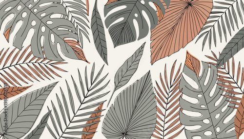 A vibrant and colorful vector illustration of various tropical leaves in shades of gray, brown, and orange on a white background.