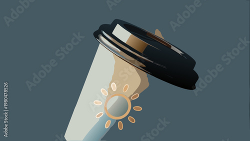 Vector illustration of a coffee cup with a sun icon rising behind it on a dark background
