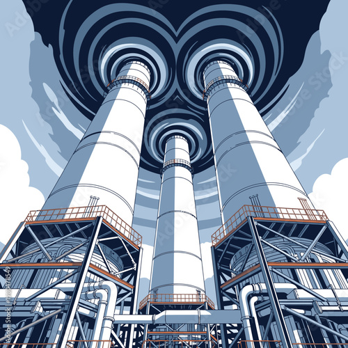 Industrial power plant with futuristic smoke stacks and heart-shaped emission design