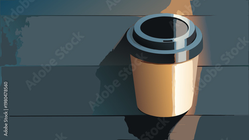 Brown coffee cup with black lid on wooden table vector illustration for cafe or morning routine concepts