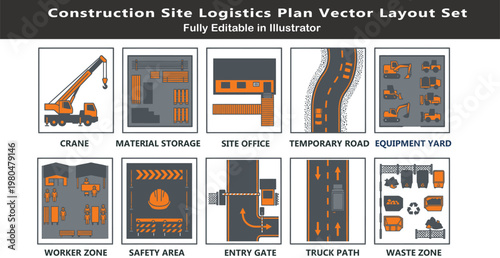 Parking and traffic vector icons set, top view layout symbols, car slots, directional arrows, entry exit points, EV charging, pedestrian crossing
