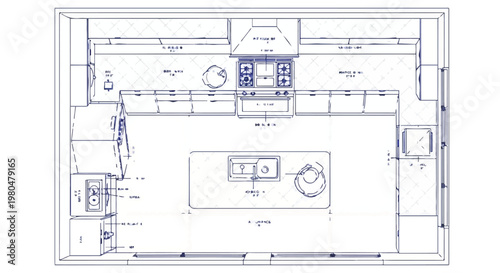 Blueprint of a modern kitchen and dining area with measurements