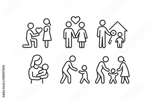 Line art icons depicting various family life stages from romance to parenthood and caregiving high quality
