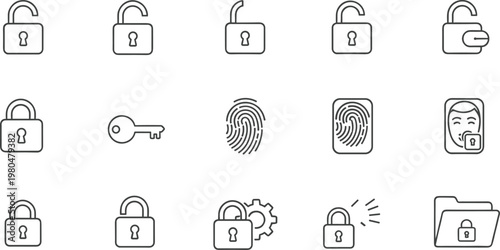 Security and access control outline icon set with lock key fingerprint face recognition symbols for digital protection interface design
