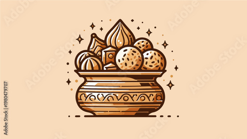 Indian Festive Sweet Ladoo and Mithai Collection in Ornate Traditional Pot for Diwali Celebration Vector Illustration