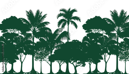 A vector graphic illustration of a tropical forest silhouette with palm trees and other lush vegetation on a white background