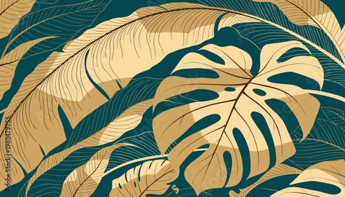 A vibrant vector graphic illustration of tropical leaves in a flat, minimalist design with a gold and teal color scheme.