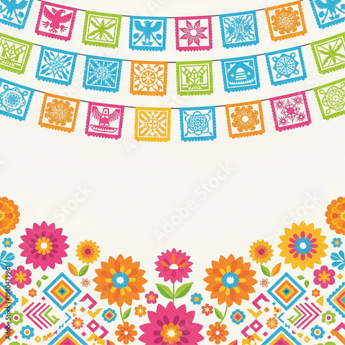 Festive Mexican Papel Picado Banner and Floral Border Illustration for Celebrations
