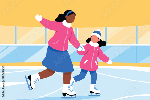 Illustration Of A Little Girl Learning To Ice Skate With Her Mother At A Blue Ice Rink Vector Design Template