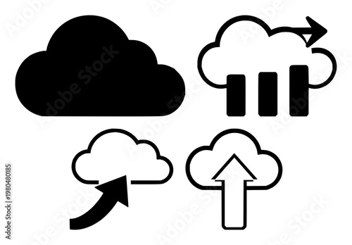 Cloud deployment arrow set with solid black icon on white background featuring cloud, deployment, arrow, up, technology with symbol and digital
