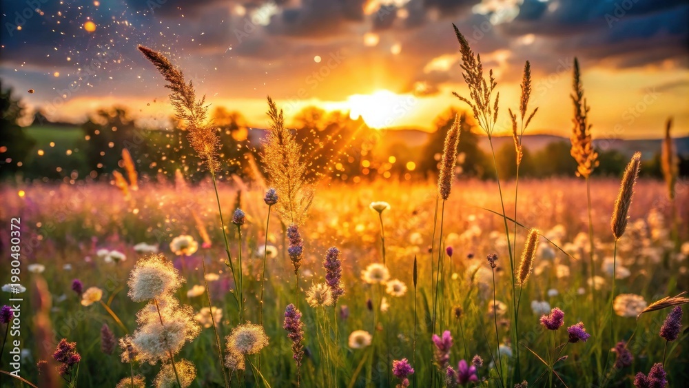 Naklejka premium A photo of a serene meadow with tall grasses swaying gently in the breeze, wildflowers scattered across the field, and a sparkling sun setting over th