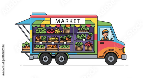 Colorful food truck with fresh produce.