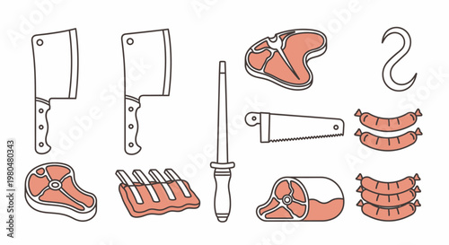 Butcher tools and meat products.