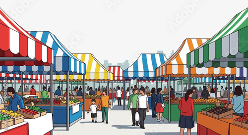 People Walking Through Outdoor Market Stalls.