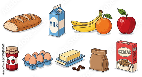 Assorted grocery food items on display.