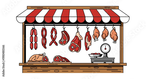 Raw Meat on Butcher Shop Counter.