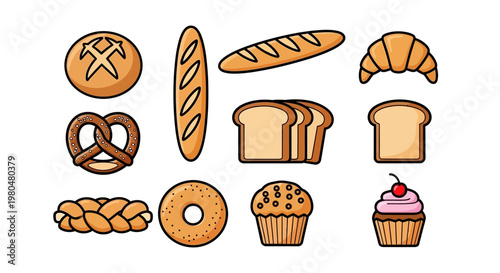 Variety of baked bread and pastry.