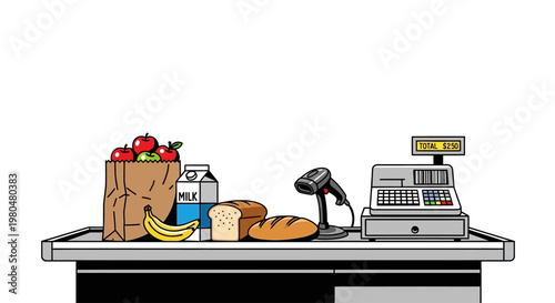 Food items on a checkout counter.