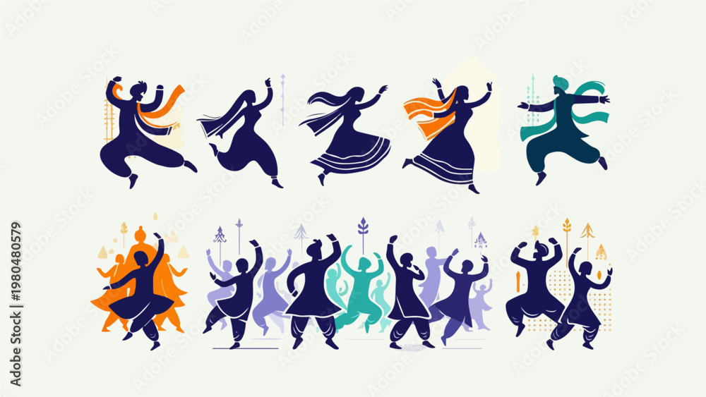 Obraz premium Indian Bhangra and Folk Dance Silhouette Collection with Colorful Traditional Costumes for Punjabi Festival Celebration