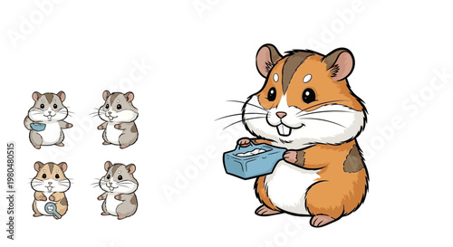 Cartoon hamster holding blue bowl.