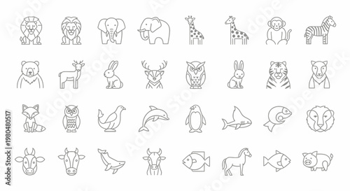 Collection of various animal line icons.
