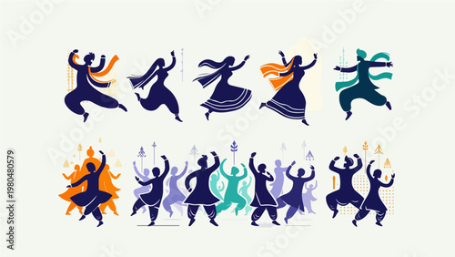 Indian Bhangra and Folk Dance Silhouette Collection with Colorful Traditional Costumes for Punjabi Festival Celebration