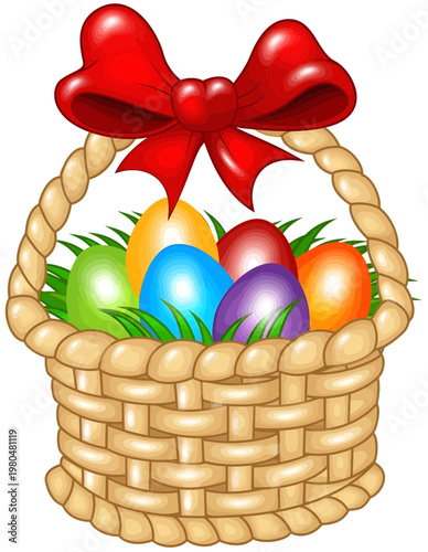 A colorful wicker basket filled with traditional Easter eggs serves as a vibrant spring decoration and seasonal symbol of the holiday celebration