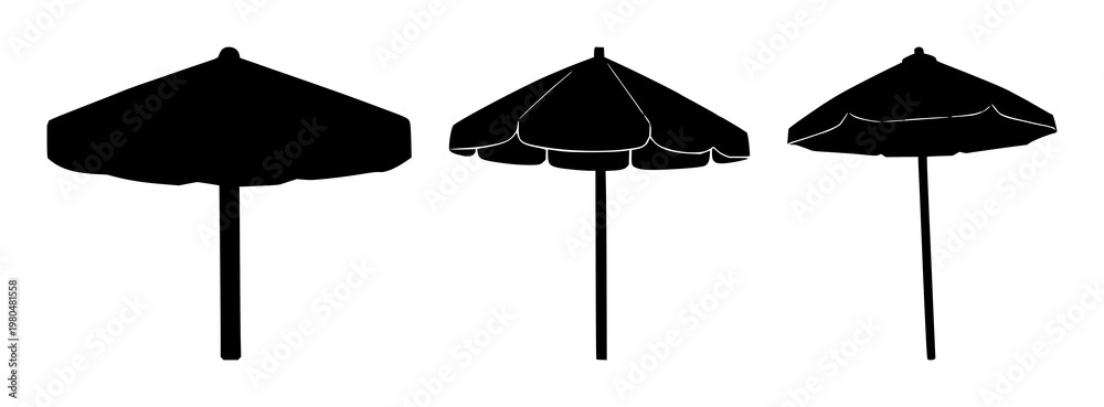 Obraz premium Beach umbrella icon set with solid black icon on white background featuring icon, beach umbrella, summer with vector and line art