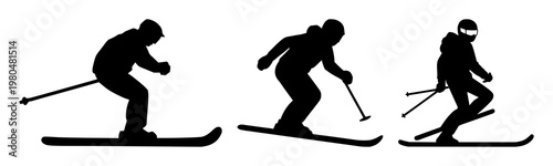 Skiing icon set with a simple solid black silhouette on white background featuring skiing, winter sports, outdoor activity with iconography and design