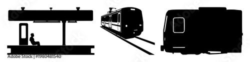 Train station icon set with solid black line drawing on white background featuring transportation, architecture, travel with signage and commuter