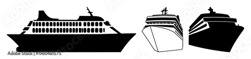 Cruise ship icons set with solid black silhouette against white background featuring cruise ship, nautical, sea with transport and travel